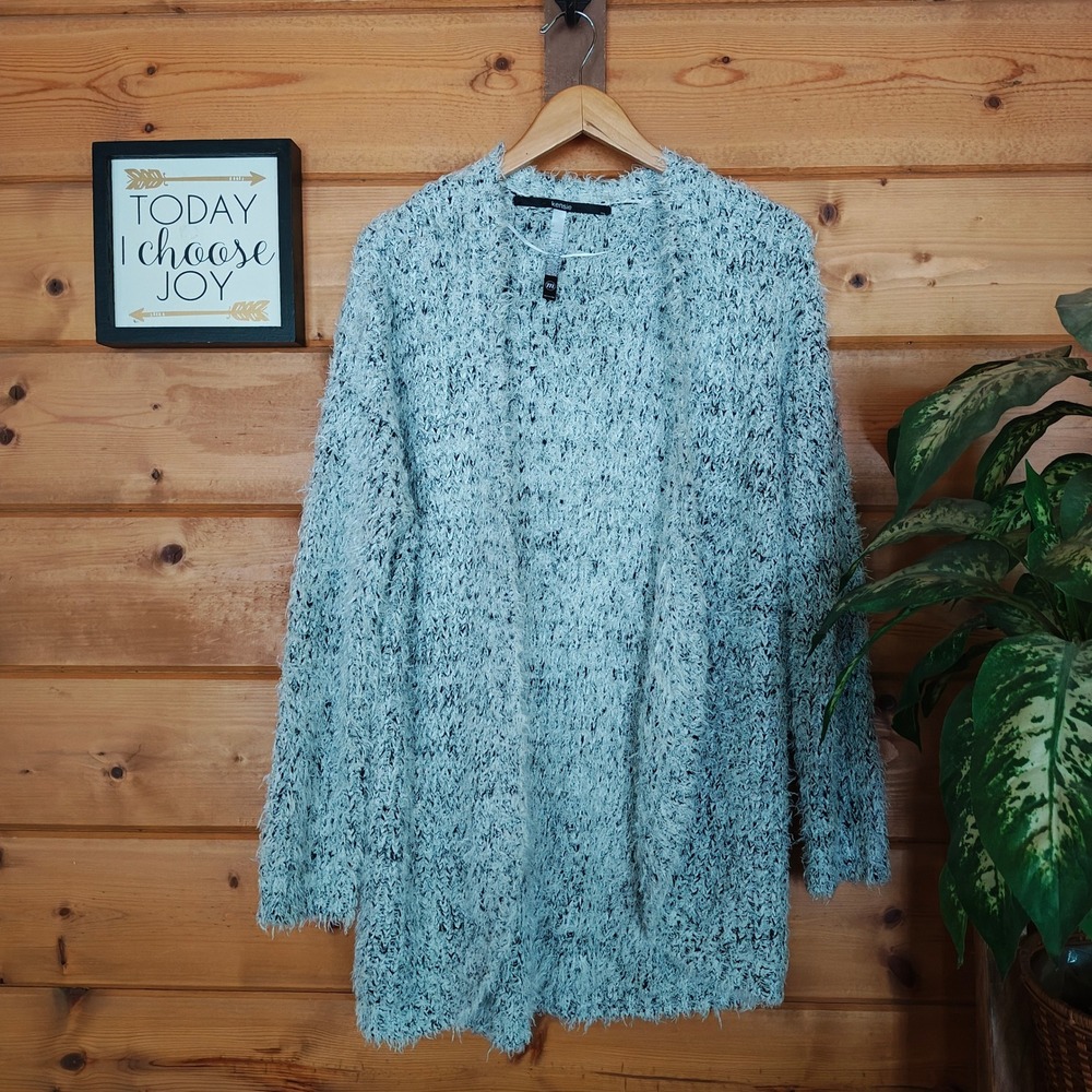 Kensie Eyelash Soft Fuzzy Open Front Cardigan Sweater Marled Gray Casual Size‎ M